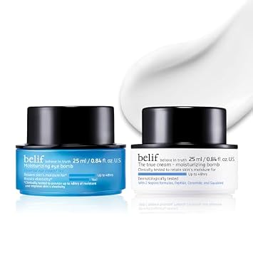 belif Peptide Eye Bomb & Moisturizing Bomb Duo – Crema de ojos reafirmante antienvejecimiento + crema facial de hidratación intensa para líneas finas, arrugas y piel seca – Juego coreano de cuidado de la piel, 1.7 fl oz