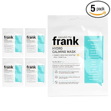 Excuse My Frank Hydro Calming - Mascarilla coreana para hidratación y calmante, mascarilla vegana para brillo de la piel, mascarilla de hoja de belleza limpia (paquete de 5)