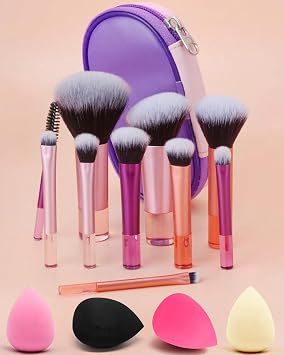 PGRODE Mini juego de brochas de maquillaje de viaje, 14 piezas, kit cosmético portátil de función completa con bolsa de pinceles, cepillo de maquillaje corto para llevar, pequeños esenciales de viaje para niños, mujeres, niñas (colorido)