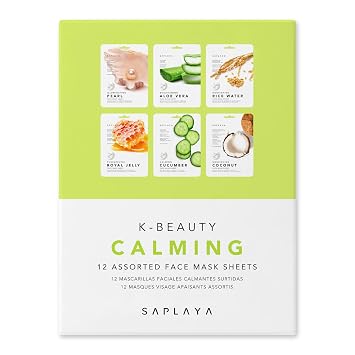 Saplaya K-Beauty - Paquete múltiple de 12 mascarillas faciales para el cuidado de la piel equilibrado, hechas en Corea del Sur (gelatina real, pepino, aloe vera, perla, agua de arroz, coco)