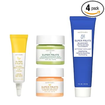 Earth To Skin Super Fruits Starter Set: limpiador exfoliante de arándanos (1.0 onzas líquidas), crema de gel cítrico (0.5 onzas líquidas), máscara de aguacate durante la noche (0.5 onzas líquidas) y