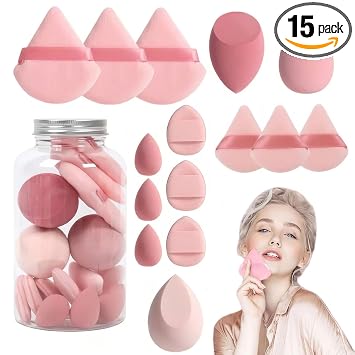 Juego de 15 esponjas de maquillaje, esponjas de maquillaje para base para aplicador cosmético facial, mini licuadoras de belleza, soplo de polvo triangular suave para mujeres en polvo de crema líquida