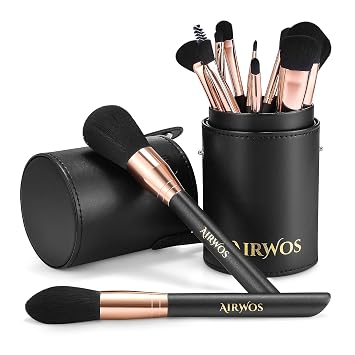 AirWos® Juego de 14 brochas de maquillaje profesional con estuche, base sintética, polvo, sombra de ojos, brochas correctoras con asas de perlas flash
