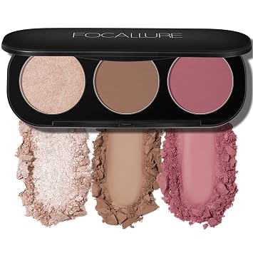FOCALLURE Paleta de Rubor y Resaltar, Paleta de Contorno 3 en 1, Polvo de Bronceador Mate Libre de Crueldad, Resaltares Iluminadores con Destello para un Aspecto Radiante, #10