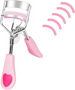 MERVK Rizador de pestañas de acero inoxidable con peine integrado sin pellizcos y sin dolor, adecuado para cualquier forma y tamaño de ojos, con 5 almohadillas de repuesto de silicona (rosa melocotón)