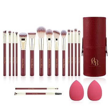 Beauty - Juego de brochas de maquillaje de viaje, 16 brochas de maquillaje profesionales veganas con mango de madera mate rojo dorado y 2 esponjas de maquillaje, juego de brochas de