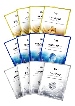 SNP Variedad de mascarillas de ampolla | Nido de pájaro, oro de 24 quilates y máscara facial de diamante | Hidratante, hidratante, nutritiva para piel facial sensible | Mascarillas coreanas para el cuidado de la piel | 12 hojas