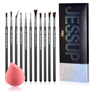 Jessup Juego de brochas delineador de ojos, profesional delineador de ojos pinceles de maquillaje 11pcs T324 con esponja suave sin látex SP002