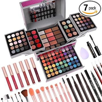 Set de regalo de maquillaje para mujeres y niñas, kit de maquillaje completo todo en uno con sombra de ojos, brillo de labios, corrector, rubor, contorno, resaltador, pinceles líquidos, lápiz de cejas, lápiz delineador de ojos (juego cerise)
