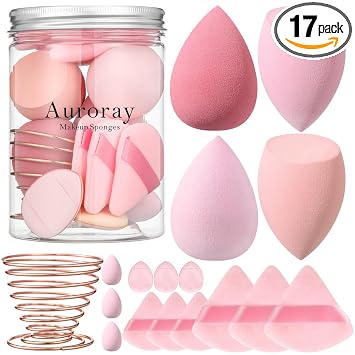 Juego de 17 esponjas de maquillaje con 6 esponjas de polvo, 3 mini esponjas de maquillaje, 3 esponjas de maquillaje para base y 1 soporte para esponjas de maquillaje (rosa)