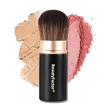 Brocha de maquillaje retráctil Kabuki, cepillo de maquillaje de viaje de cabeza redonda, pinceles portátiles para base en polvo y líquida, bronceador, rubor y otros maquillajes faciales con mango de aluminio