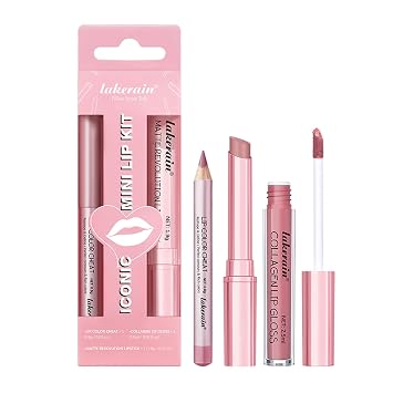 3Pcs Lip Liner, Lipstick and Lip Gloss Set, Lip Combo Sets (Nude Pink)
