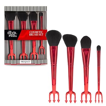 The Devil Wears Prada - Juego de brochas cosméticas | Licencia oficial | Sombra de ojos de base de rubor en polvo | 4 brochas de maquillaje profesionales | Mad Beauty