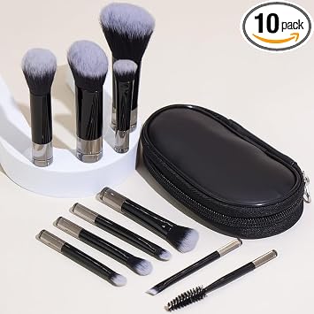 Juego de brochas de maquillaje portátil PARA LLEVAR, COSHINE 10 piezas mini de fácil transporte kit completo de brochas cosméticas de función completa con bolsa para brochas (negro)