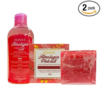 Bonita - Paquete de sal rosa del Himalaya – Aceite facial y corporal SPF 30 con colágeno, moringa coreana de cítricos + jabón de sal exfoliante con extractos de fermentos, manteca de karité para