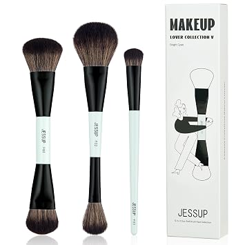 Jessup Cepillos de maquillaje facial azules 3 piezas, cepillo de maquillaje de doble punta para base, contorno, colorete, iluminador y corrector, juego de cepillos sintéticos premium T503