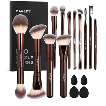 MAGEFY Juego de brochas de maquillaje profesionales 22 en 12 brochas de maquillaje de doble extremo para correctores de polvo, sombras de ojos, rubor con caja de regalo