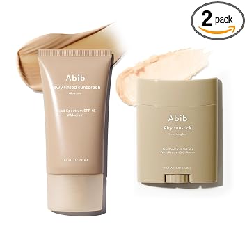 Abib Airy Sunstick & Dewy - Tubo luminoso de protección solar tintado (mediano) Duo: SPF50+ barra semi-mate + protector solar teñido SPF45, sin blanco yeso, cuidado de la piel coreano