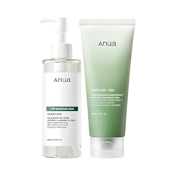 ANUA Dúo de doble limpiador suave para lavado facial: Aceite limpiador de control de poros Heartleaf Quercetinol Suave y Heartleaf Quercetinol Lavado facial profundo para doble rutina de limpieza