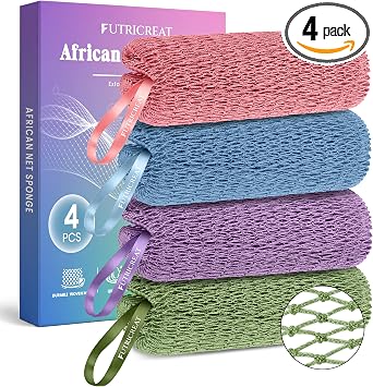 Paquete de 4 esponjas africanas auténticas, exfoliantes, para el cuerpo y la espalda, mejor que las esponjas tradicionales, perfecto para la ducha diaria y viajes, rosa, azul, morado y verde
