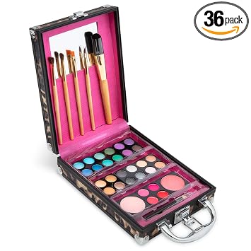 Vokai Kit de maquillaje de regalo - Estuche de viaje con estampado de leopardo, 24 sombras de ojos, 4 brillos de labios, 2 rubores, 5 pinceles, 1 lápiz delineador de ojos, estuche con asa de transporte
