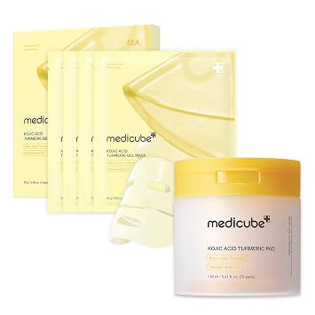 medicube Day & Night Kojic Acid Duo: Máscara de gel de gelatina dorada iluminadora de cúrcuma de ácido kójico y almohadilla de tóner aclarante de cúrcuma de ácido kójico