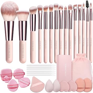 15 brochas de maquillaje de viaje, base, correctores de polvo, sombras de ojos, mini juego de brochas de maquillaje de viaje, con 12 piezas, esponja y bolsa (rosa)
