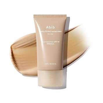 Abib Dewy - Protector solar tintado SPF 45 (mediano) UV de amplio espectro, hidratante facial diario con infusión de tubo brillante, filtro híbrido mineral y químico, cobertura natural ligera, cuidado