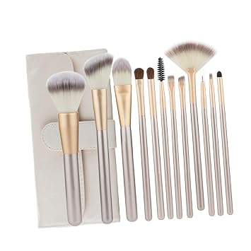 12 Piece Light Beige Makeup Brush Set with Wood Handles