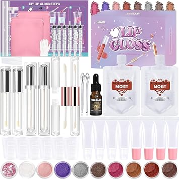 Kit de brillo labial TSVATE, kit de 58 piezas para hacer brillo labial DIY, kit de brillo labial para mujeres, principiantes, niñas, base hidratante de brillo labial, tubos de doble punta, aceite de