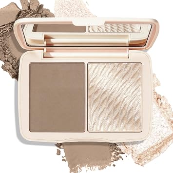 Paleta de contornos y resaltadores, 2 en 1 maquillaje de contorno mate e iluminador facial brillante, mezclable en polvo para esculpir mejillas compacto con espejo, gris pardo y champán