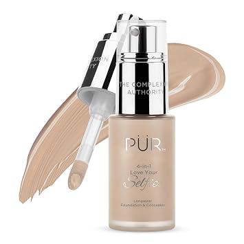 PÜR MINERALS Base y corrector 4 en 1 Love Your Selfie Longwear - Componente único de doble aplicador - Cubre manchas e imperfecciones - Reduce líneas finas y arrugas - MN5 - Maquillaje de 1 onza