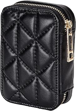 FOMIYES - Soporte para lápiz labial con espejo integrado, estuche de maquillaje de cuero negro con cremallera, funda para bálsamo labial para viajes y retoques rápidos