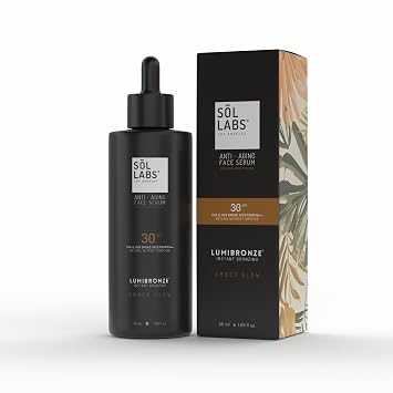 SOL LABS LUMIBRONZE - Suero facial bronceador antienvejecimiento SPF 30, protector solar mineral tintado hidratante con niacinamida, ácido hialurónico y óxido de zinc, acabado mate, no graso, ligero