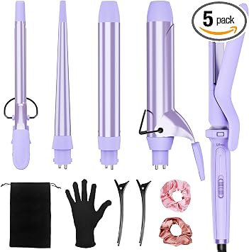 Regalos de cumpleaños para mujeres, Ufree rizador 5 en 1 con barriles de cerámica intercambiables (0.35"-1.25"), juego de varita rizadora con plancha alisadora de cabello, calentamiento instantáneo