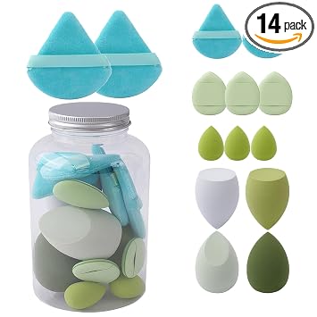 Juego de 14 esponjas cosméticas y esponjas de maquillaje – Triángulo, mini dedo, esponjas de huevo para fundación/juego de 14 esponjas y puffs de maquillaje para base (verde)