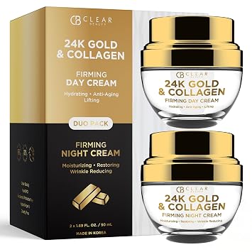 Clear Beauty Hidratante facial de oro de 24 quilates y colágeno, probado por dermatólogos, antienvejecimiento, cuidado de la piel coreano, hidrata, reafirma, suaviza la piel juvenil, vegano, belleza limpia, paquete doble