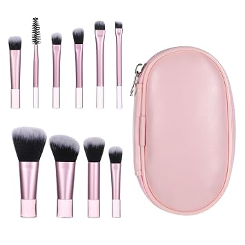 Juego de 10 brochas de maquillaje de viaje con bolsa, mini brochas de maquillaje, brochas de maquillaje portátiles de color rosa, esenciales de viaje para mujeres y niñas, pinceles de rubor en polvo