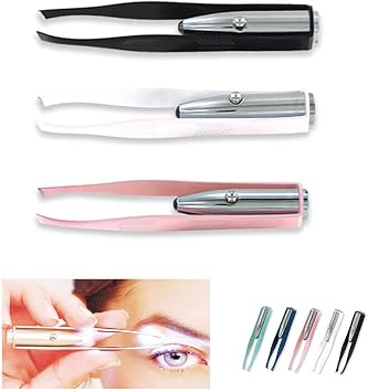 1st Choice 3 Pinzas de acero inoxidable con luz LED para maquillaje, pestañas, cejas y depilación con luz iluminada