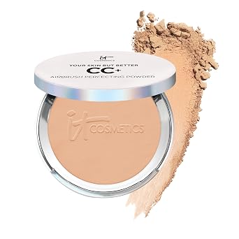 IT Cosmetics CC+ Airbrush Perfecting Powder Foundation - Base de maquillaje en polvo prensado de cobertura ligera a completa, difumina poros y manchas oscuras, maquillaje facial antienvejecimiento