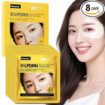 4 pares de parches 5% PDRN para debajo de los ojos, 6 en 1 bio-colágeno 360° parches para ojos hinchados, ojeras y arrugas | 2% de cafeína, ácido kójico, retinol, hialurónico, niacinamida | Máscara de ojos popular coreana