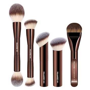 MAANGE Juego de 5 brochas de maquillaje para base. Brochas kabuki de doble punta para contorno de máscara, polvo líquido, corrector y crema. Brochas de maquillaje para mezclar cosméticos (Café)