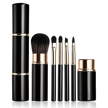 BS-MALL Juego de brochas de maquillaje retráctiles 5 en 1, cepillos de fibra portátiles de tamaño de viaje para rubor en polvo, delineador de ojos, cejas y sombra de ojos, cerdas sintéticas suaves con