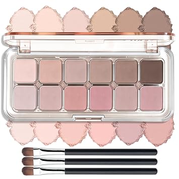 Paleta de sombra de ojos rosa malva fría de 12 colores con pincel, sombra de ojos mate pigmentada gris marrón para construir de larga duración, sombra de ojos neutro, maquillaje diario para