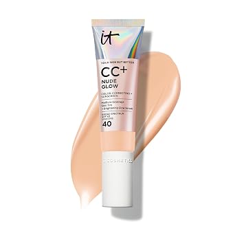 IT Cosmetics CC+ Nude Glow - Base de maquillaje ligera y suero iluminador con FPS 40, cobertura media, formulado con niacinamida y ácido hialurónico, para todo tipo de piel, 1.08 onzas líquidas