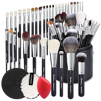 Bueart Design Pro maquillaje Artista 34Pcs Juego de brochas de maquillaje Deluxe de pelo de cabra real y pelo de caballo con soporte extra grande, juego de brochas de maquillaje profesional de alta
