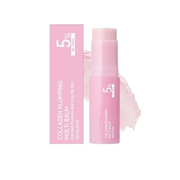 Barra de bálsamo de colágeno rosa, barra de bálsamo coreano para cara con colágeno, retinol, cafeína, voluminizadora, regordeta hidratante y reafirmante para cara, ojos, labios, cuello, 0.35 onzas