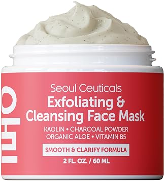 SeoulCeuticals Exfoliante facial coreano, mascarilla exfoliante para el cuidado de la piel, máscara de belleza K para piel de cristal, arcilla de caolín + crema de carbón, máscara exfoliante de 2 onzas