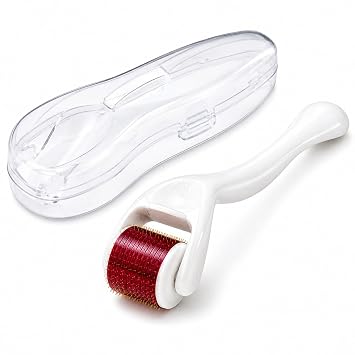 Derma Roller para la piel, 0.010 in para el cuidado de la piel y el cabello Regowth 540 Pin Face Roller para hombres mujeres con estuche de almacenamiento, color blanco con rodillo rojo