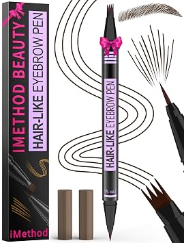 iMethod Lápiz de cejas – Lápiz de cejas mágicos 2 en 1 para mujeres con punta de 4 tenedores y punta de pincel precisa para crear cejas naturales similares al cabello, duran todo el día, bolígrafo de cejas Microblading, marrón oscuro